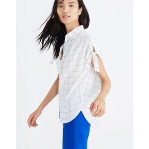 Madewell Size XS Central Tie-Sleeve Shirt Top in Windowpane White Blue H8286